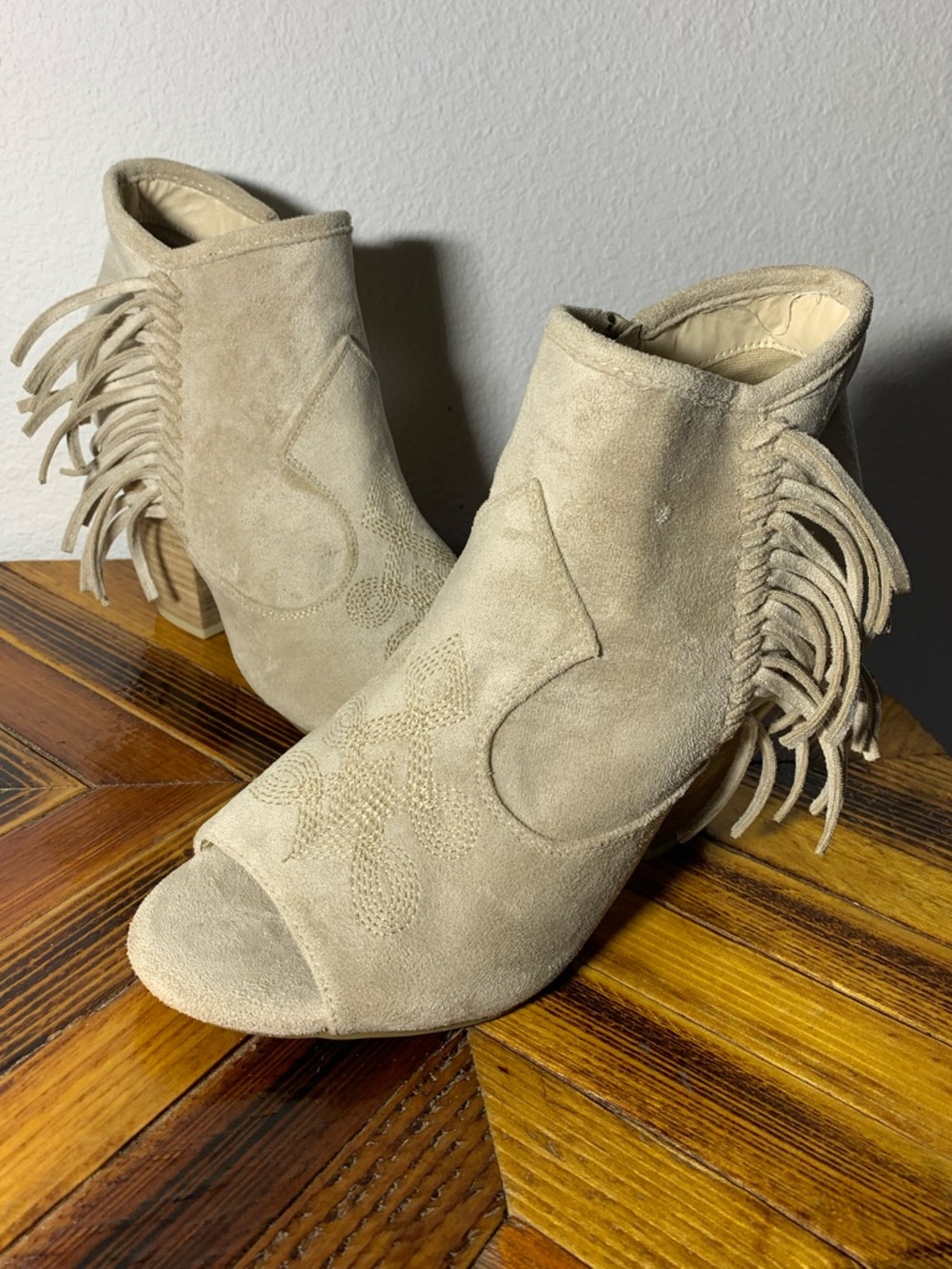 Coconuts by Matisse Fringe Peep-Toe Heeled Ankle Boots in Beige, Western, 7.5M